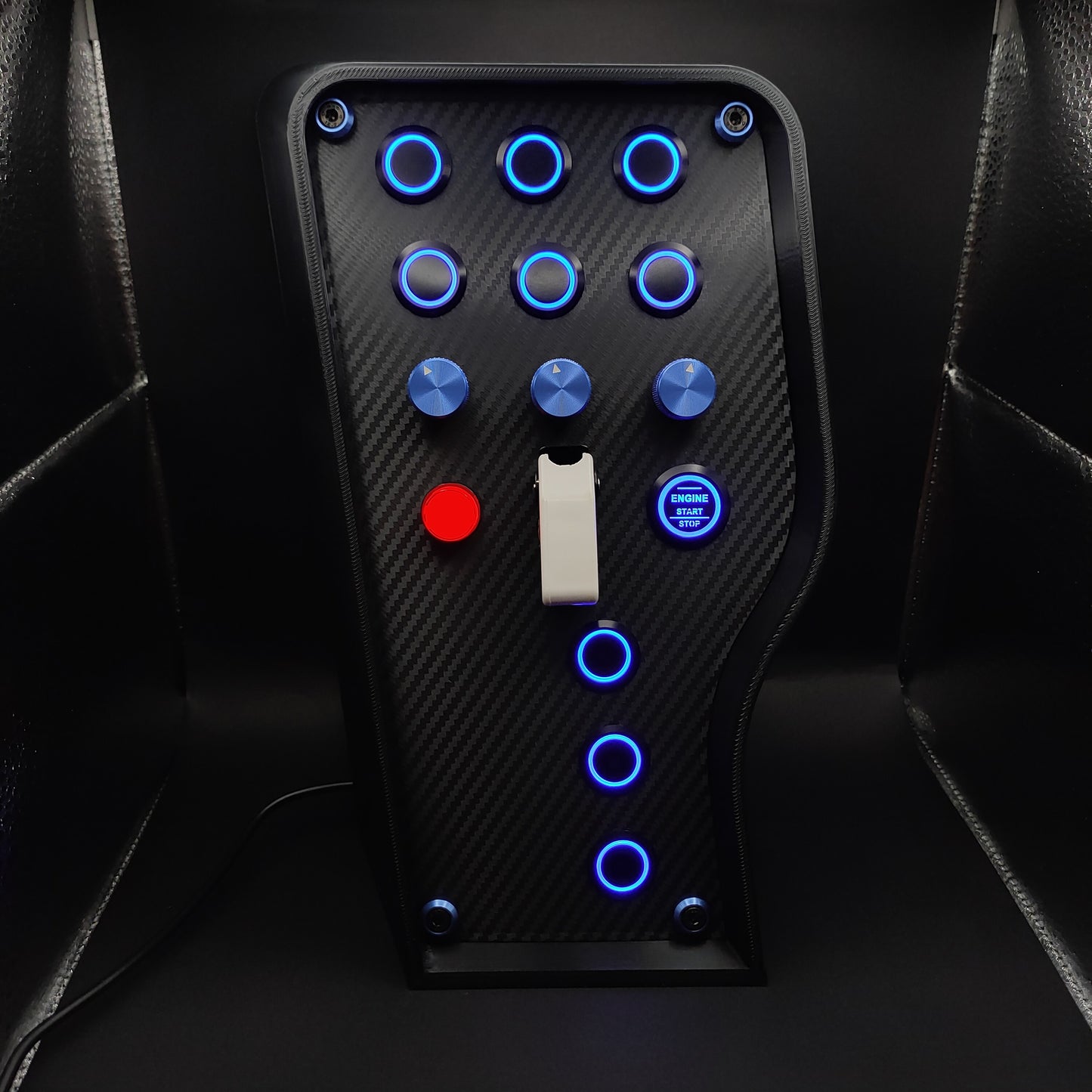 Sport+ Blue Edition sim button box with carbon fibre panel, blue LEDs, and white ignition toggle cover.