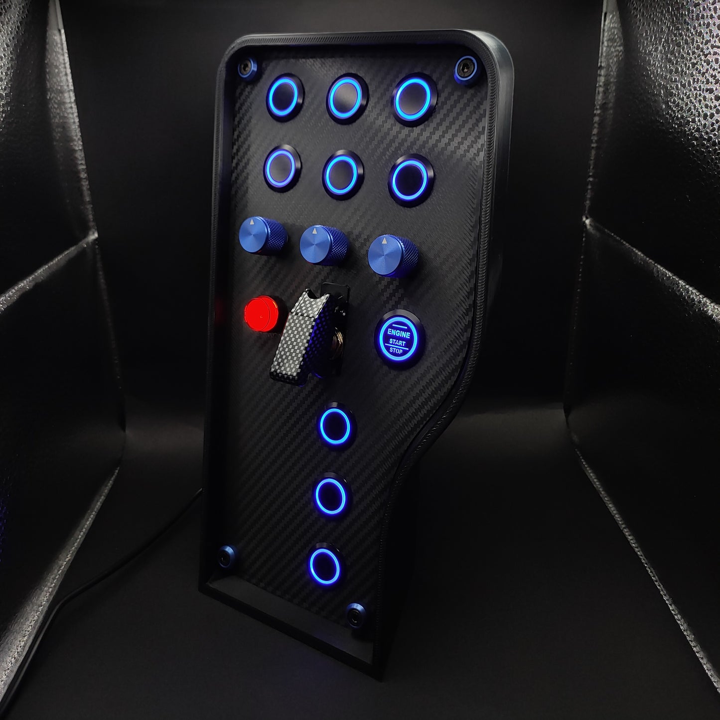 Left perspective of Sport+ Blue button box showing blue anodised aluminium rotary encoders and bolt trim.