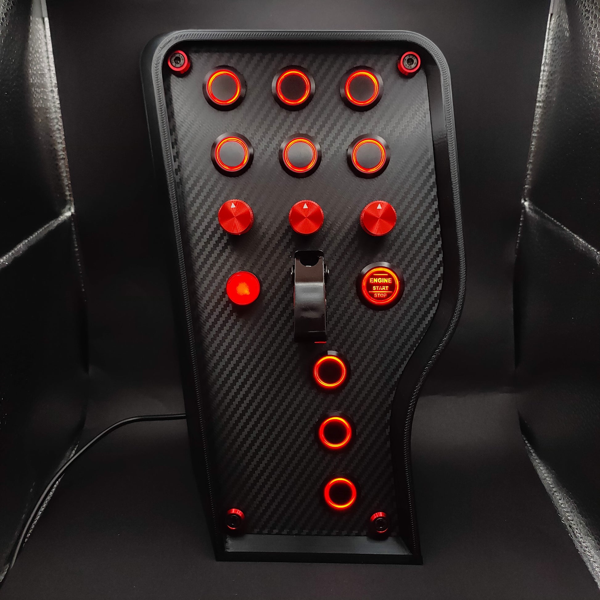 Sport+ Red Edition button box with carbon fibre panel, red LEDs, and black ignition toggle cover.