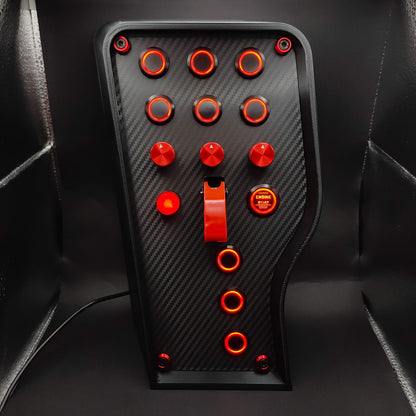 Sport+ Red Edition sim racing box with red illuminated buttons and matching red toggle switch cover.
