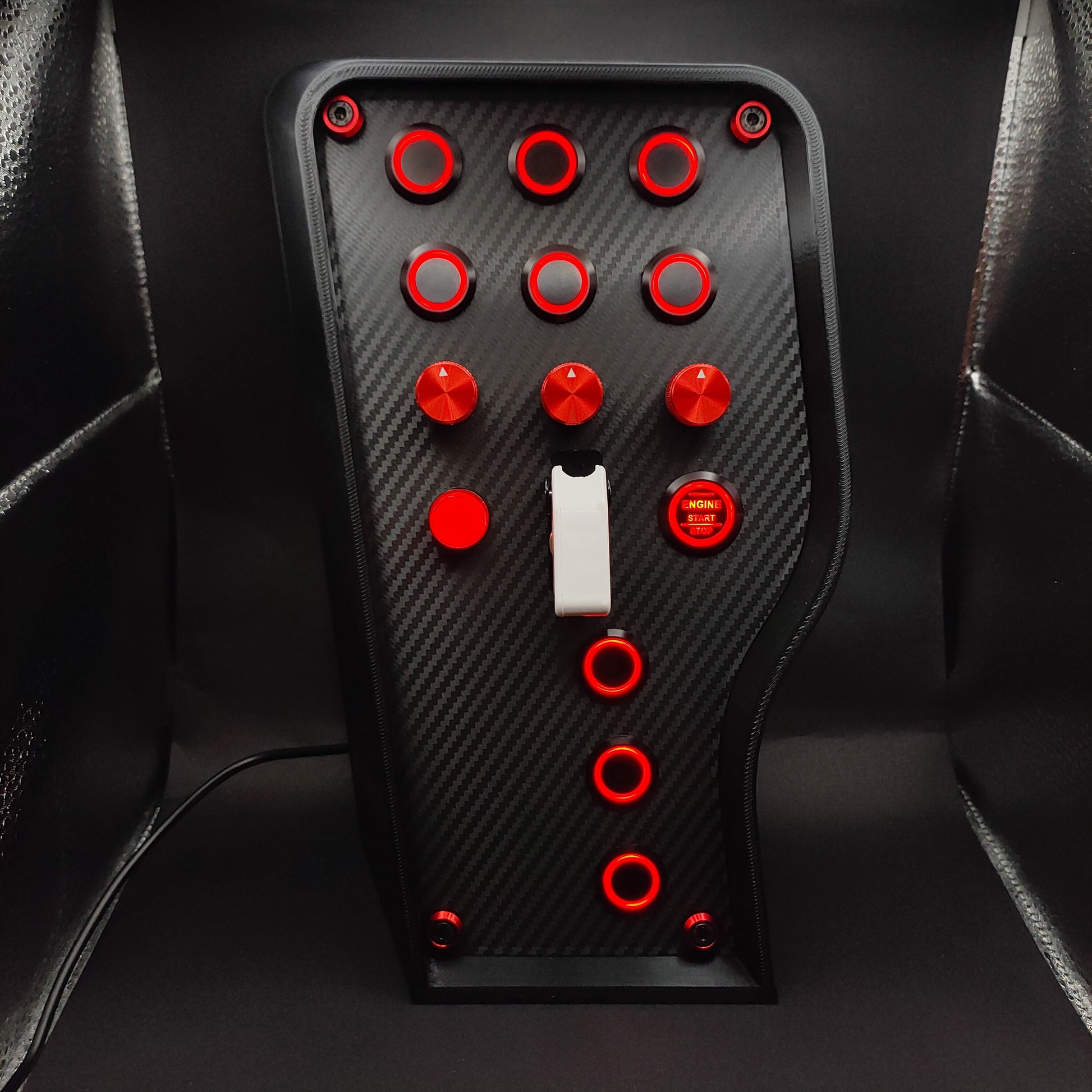 Sport+ Red Edition carbon fibre button box with red LED rings and high-contrast white toggle cover.