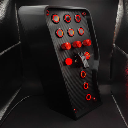 Right angle view of Sport+ Red Edition highlighting carbon fibre finish and red illuminated buttons.