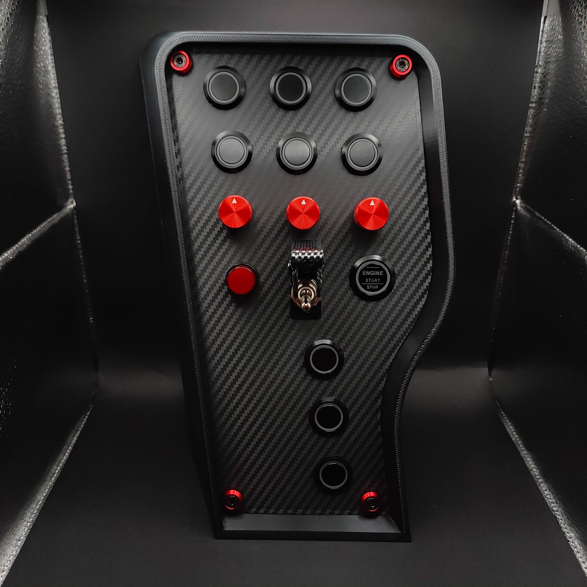 Sport+ Red Edition box with red aluminium encoders and carbon toggle switch in up position revealing chrome toggle switch.