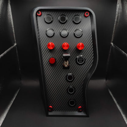 Sport+ Red Edition box with red aluminium encoders and carbon toggle switch in up position revealing chrome toggle switch.