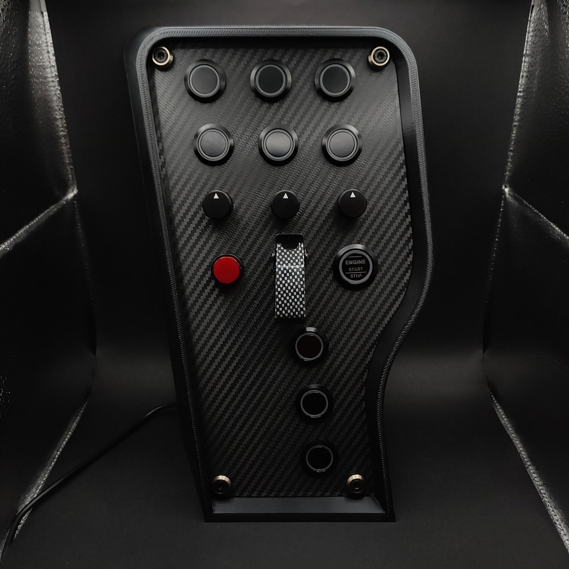 Sport+ Shadow sim box showing black aluminium encoders and carbon finish (LEDs powered off).