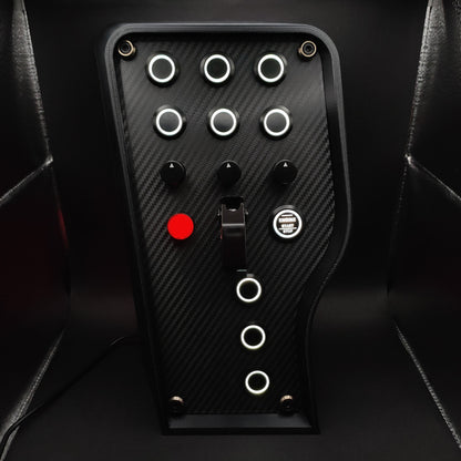 Sport+ Shadow Edition sim box with carbon fibre panel, black hardware, and white LEDs.