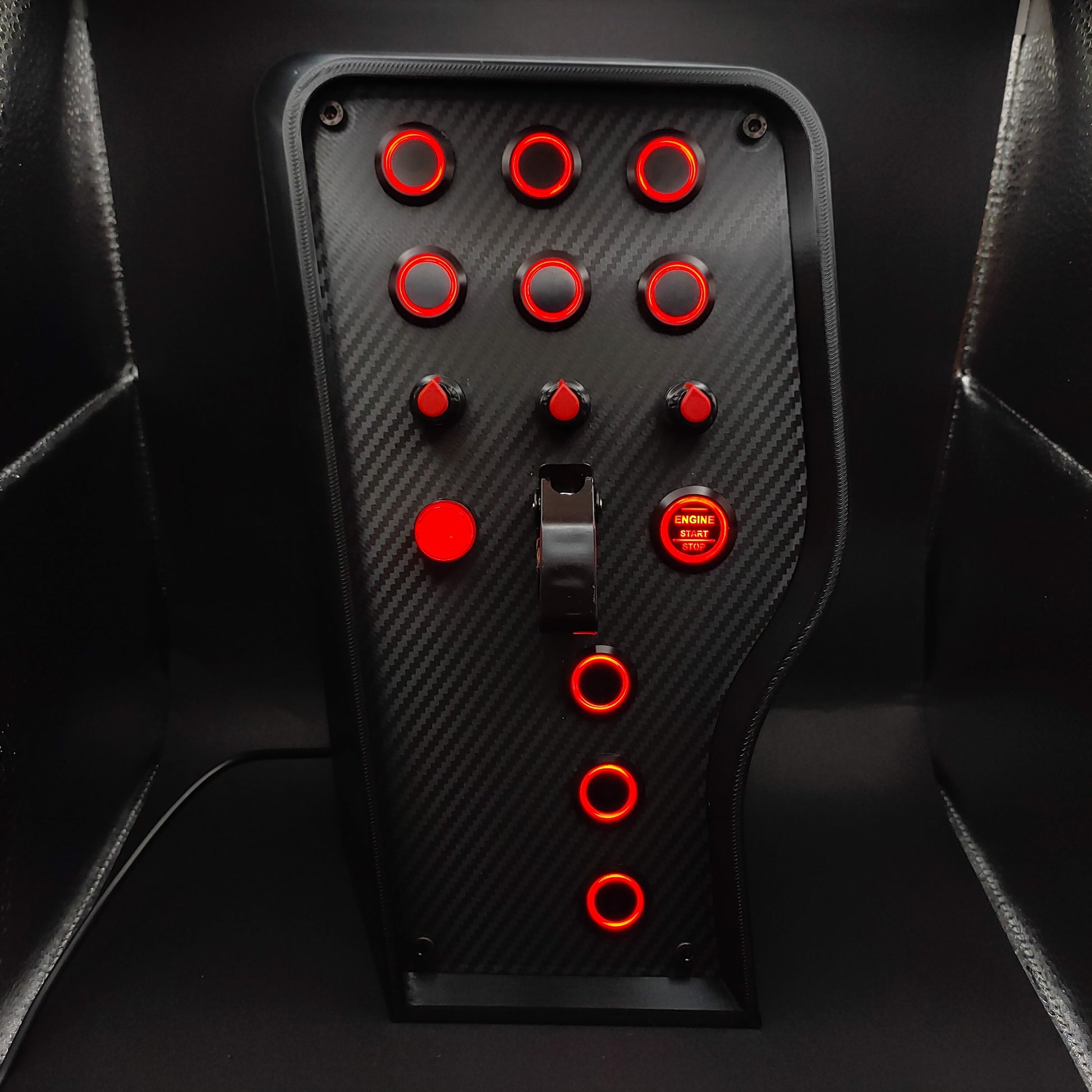 Sport Red Edition sim button box with carbon fibre panel, red LEDs, and black ignition toggle cover.