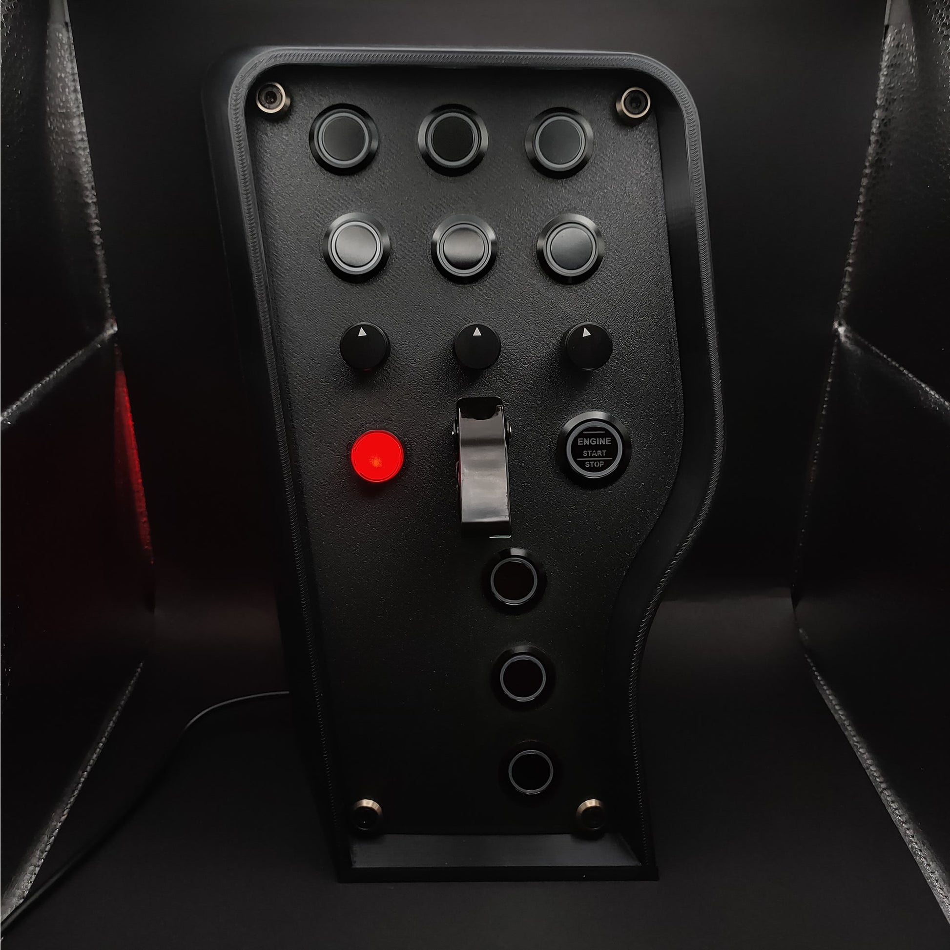 Stealth Black Edition sim button box with matte panel, black buttons with LED's off.