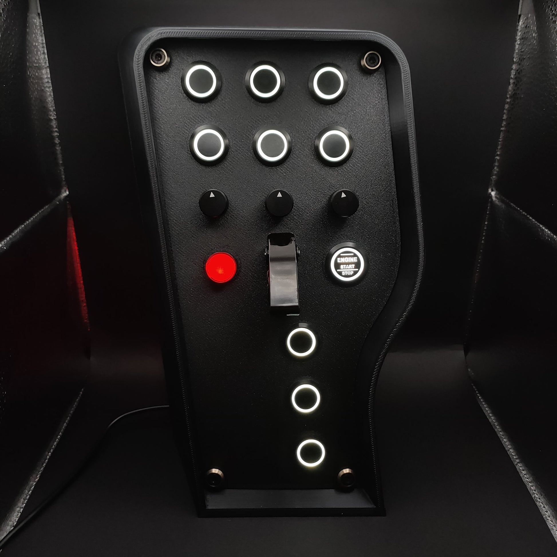 Stealth Black Edition sim button box with matte panel, black hardware, and white LEDs.