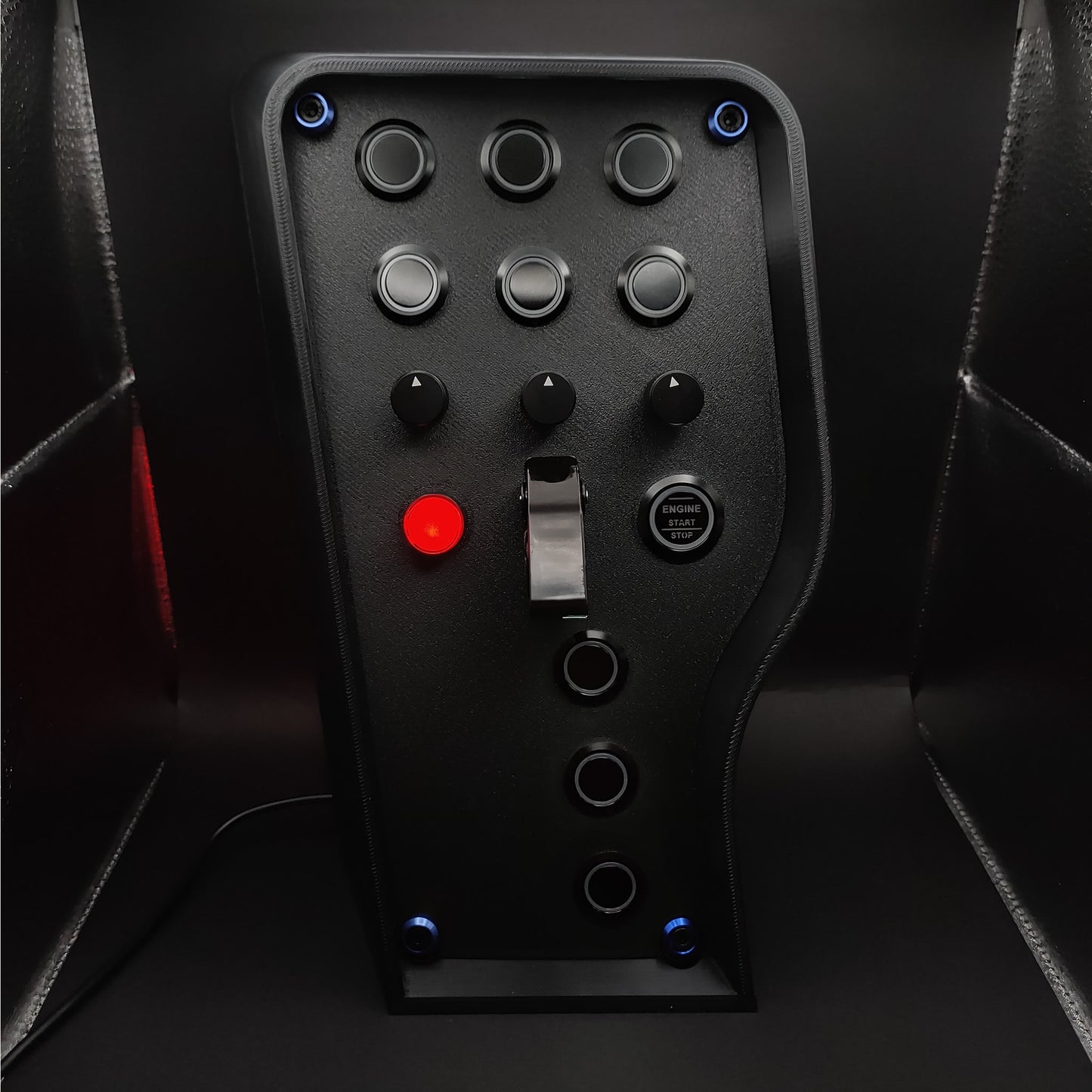 Stealth Blue Edition sim box showing blue anodised trim and matte black finish (LEDs powered off).