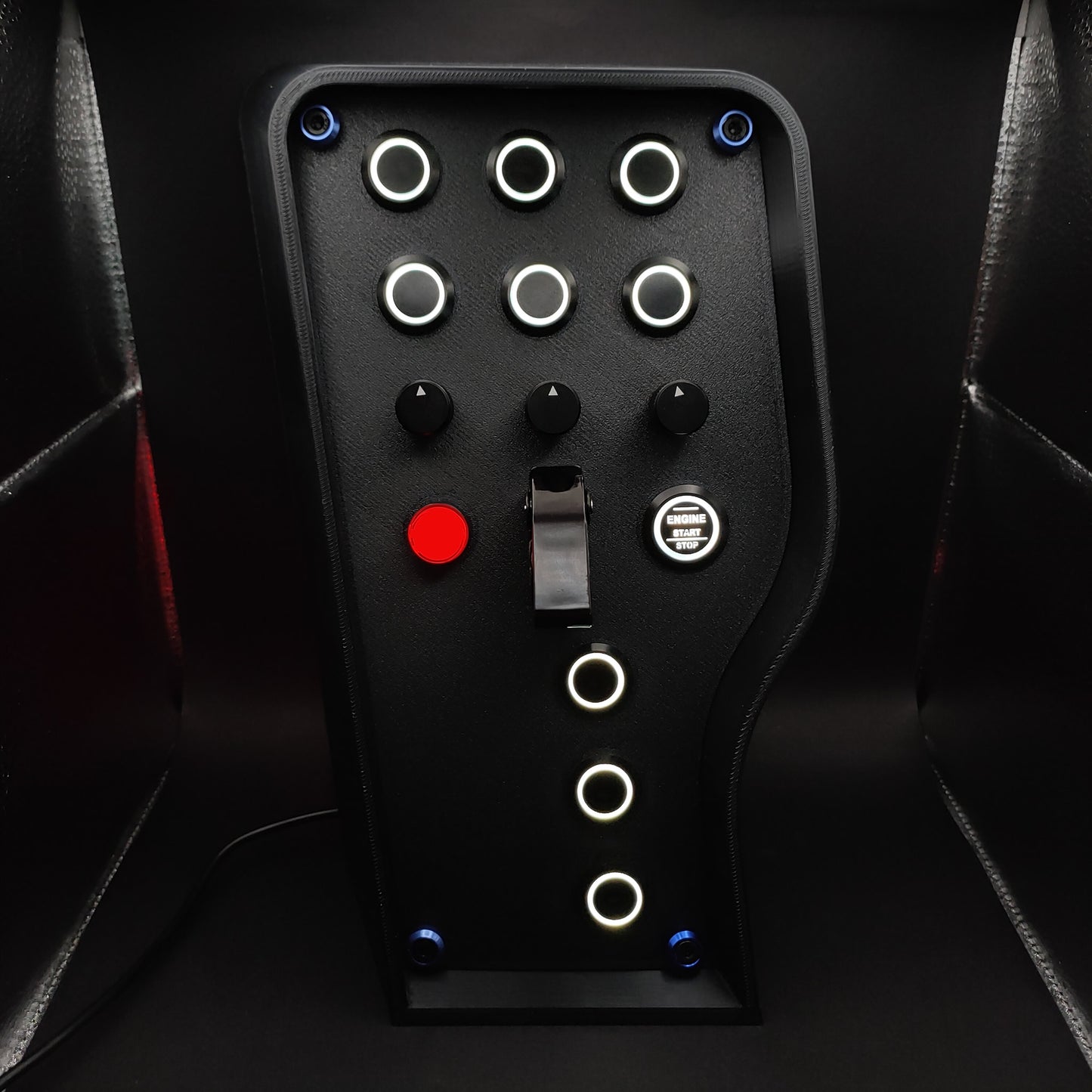 Stealth Blue Edition sim button box with matte panel, blue corner trim, and white LEDs.