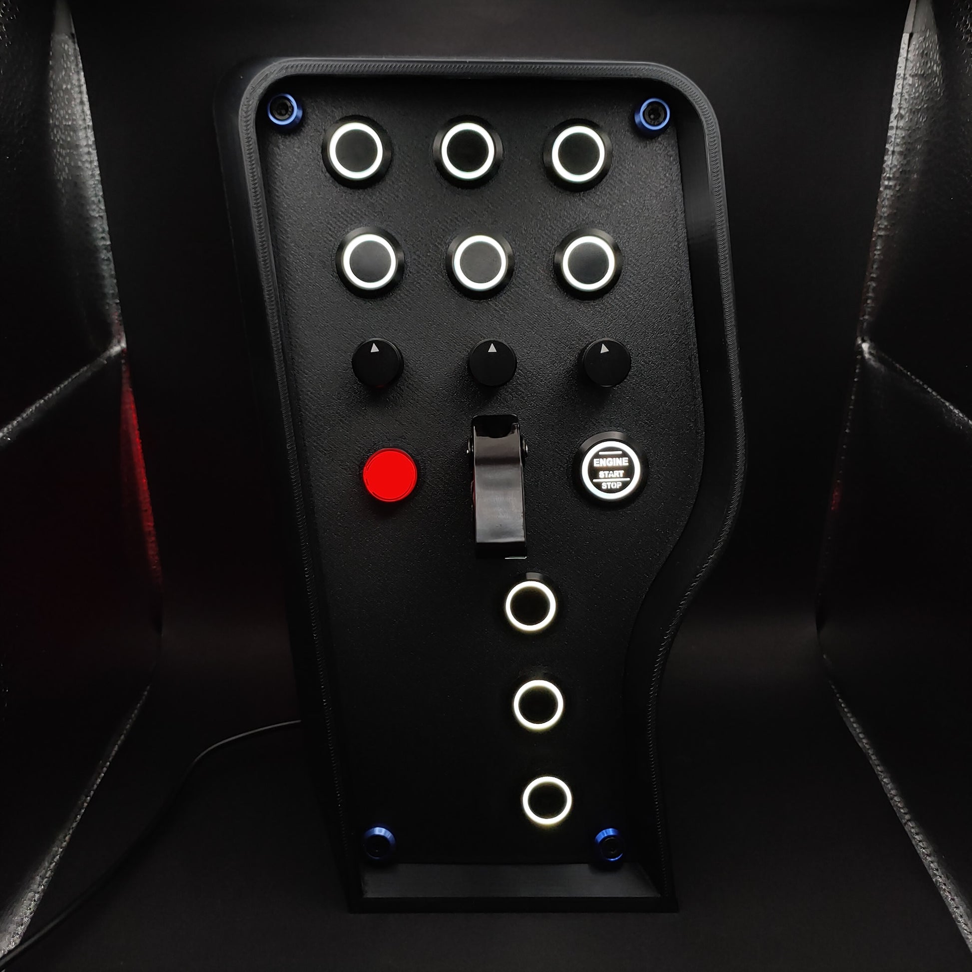 Stealth Blue Edition sim button box with matte panel, blue corner trim, and white LEDs.