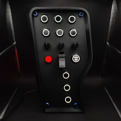 Stealth Blue Edition sim button box with matte panel, blue corner trim, and white LEDs.
