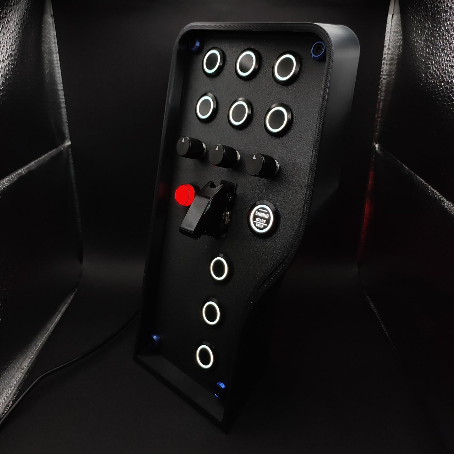 Left perspective of Stealth Blue box showing blue anodised hardware and black aluminium encoders.
