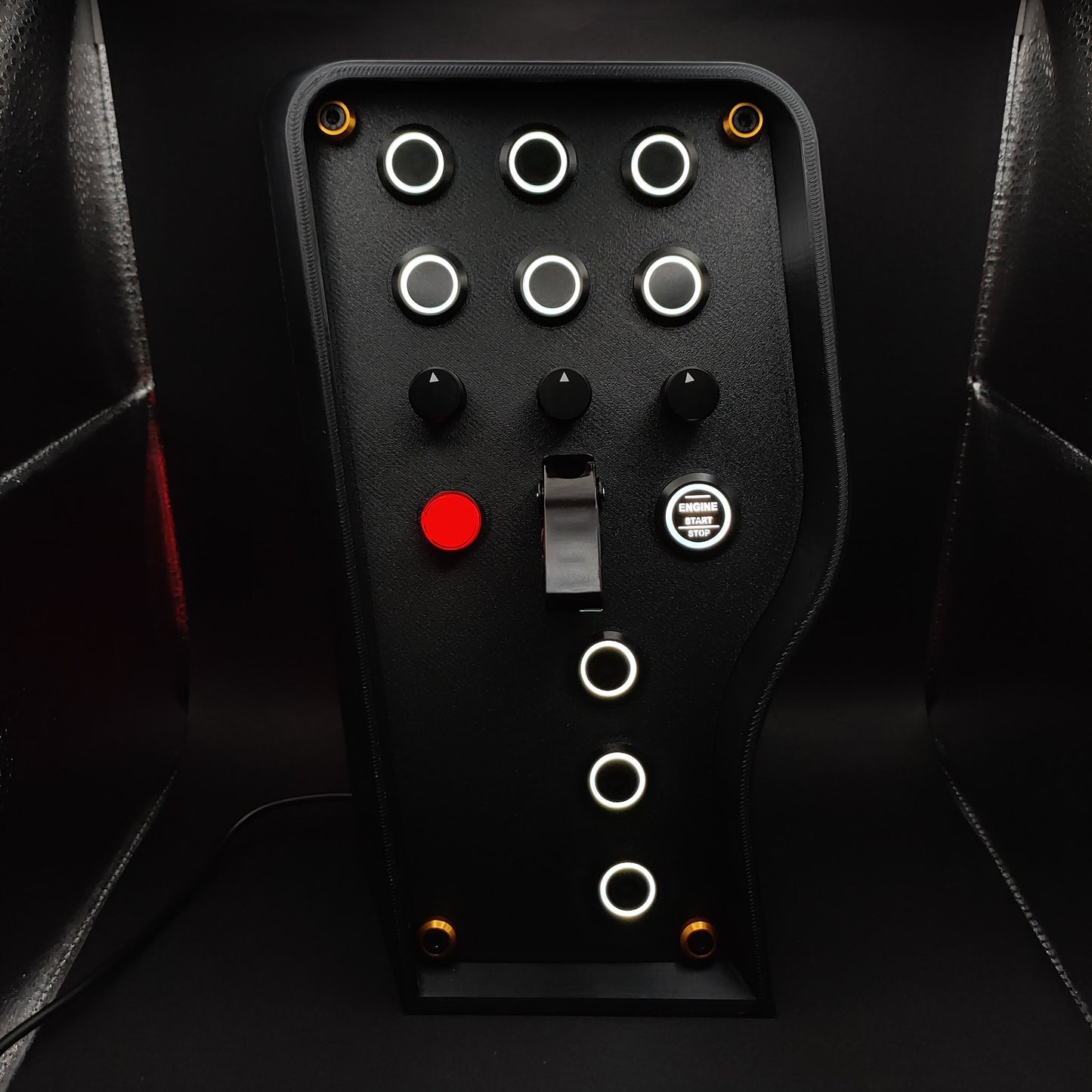 Stealth Gold Edition sim button box with matte panel, gold corner trim, and white LEDs.