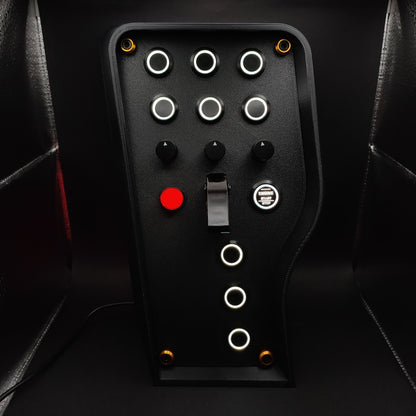 Stealth Gold Edition sim button box with matte panel, gold corner trim, and white LEDs.
