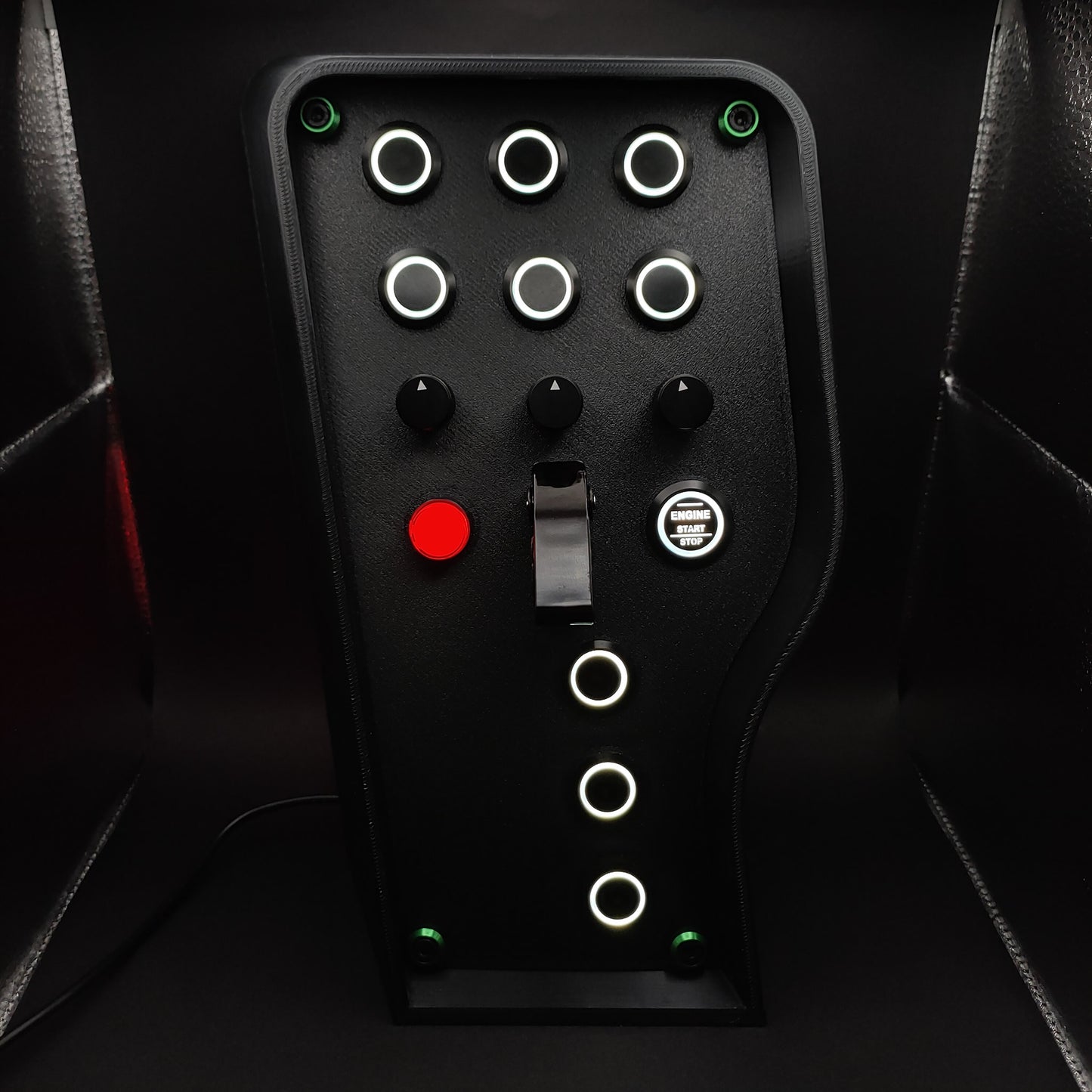 Stealth Green Edition sim button box with matte panel, green corner trim, and white LEDs.