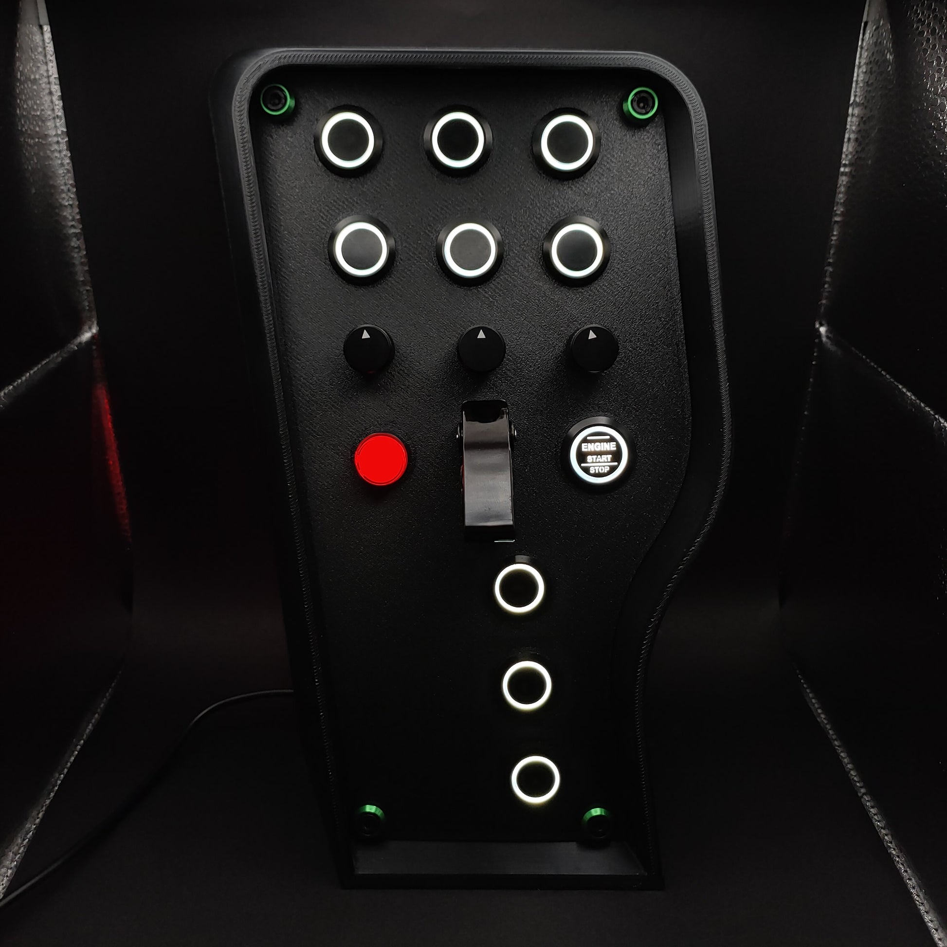 Stealth Green Edition sim button box with matte panel, green corner trim, and white LEDs.