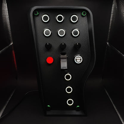 Stealth Green Edition sim button box with matte panel, green corner trim, and white LEDs.