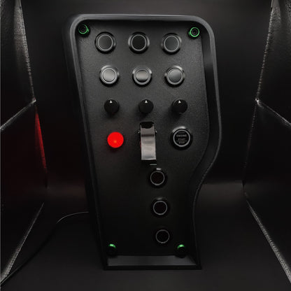 Stealth Green Edition sim racing button box with matte panel, green corner trim, and black buttons (LEDs off).