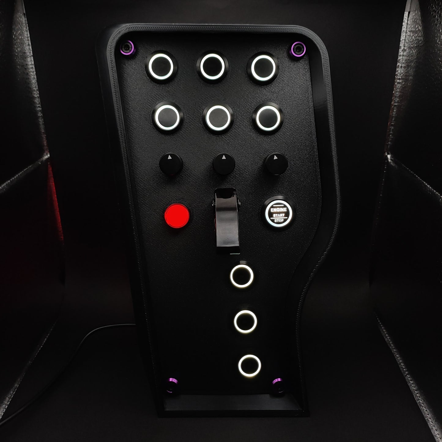 Stealth Purple Edition sim button box with matte panel, purple corner trim, and white LEDs.