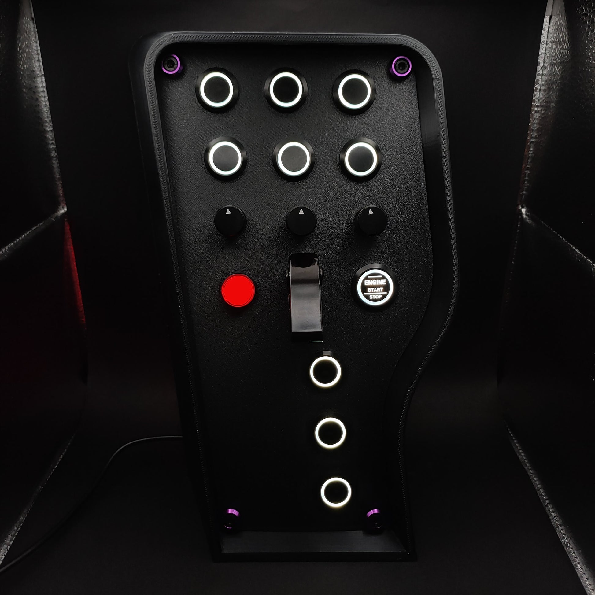 Stealth Purple Edition sim button box with matte panel, purple corner trim, and white LEDs.