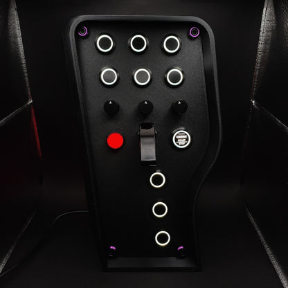 Stealth Purple Edition sim button box with matte panel, purple corner trim, and white LEDs.