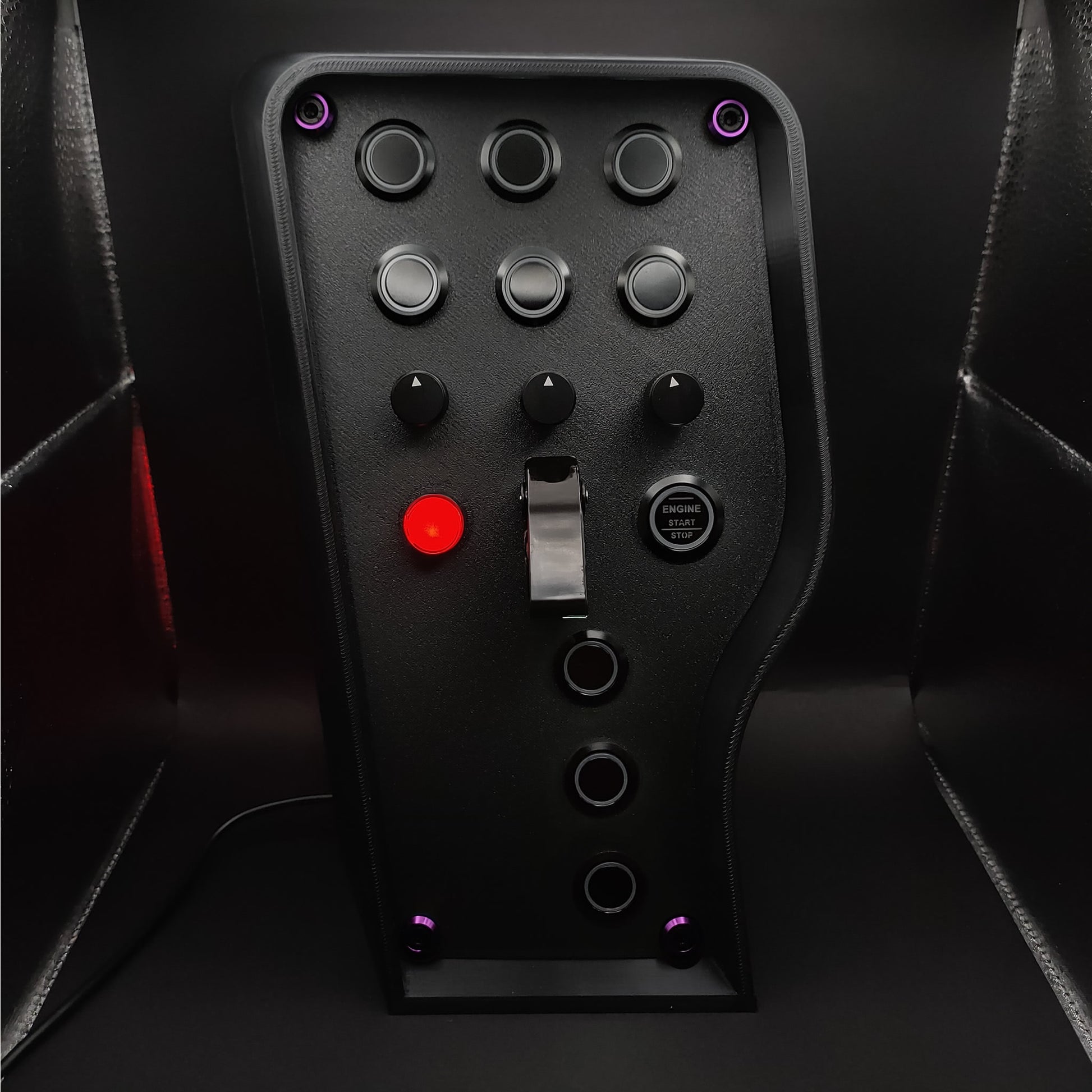 Stealth Purple Edition sim box showing purple anodised trim and matte black finish (LEDs powered off).