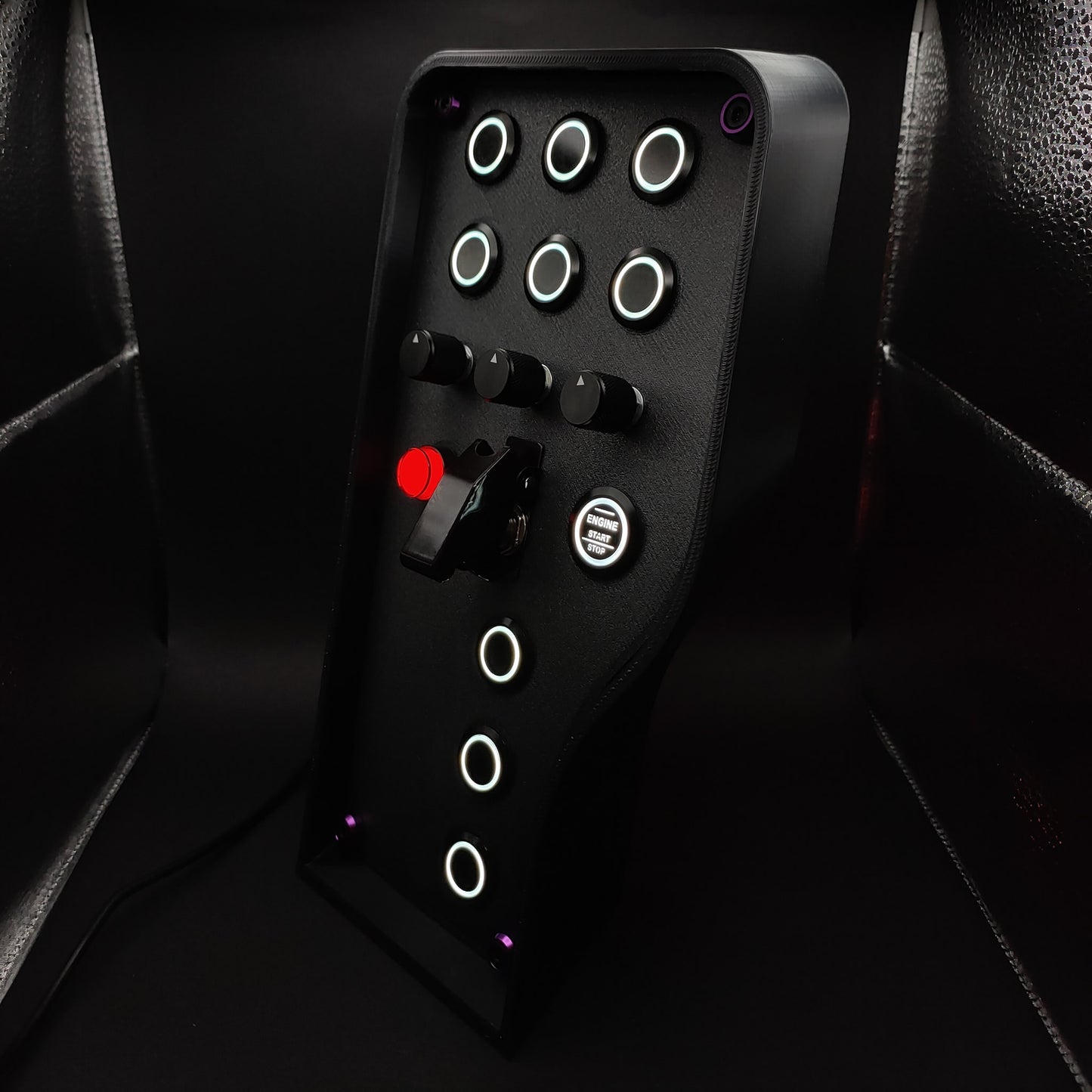 Left perspective of Stealth Purple box showing purple anodised hardware and black aluminium encoders.
