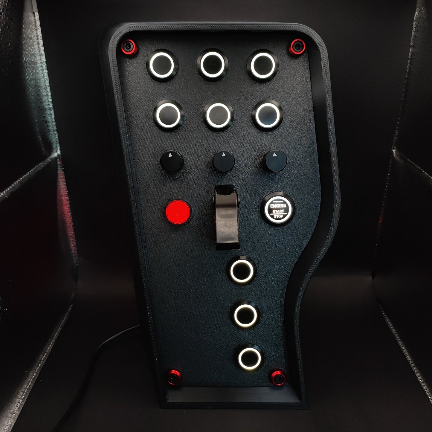 Stealth Red Edition sim button box with matte panel, red corner trim, and white LEDs.