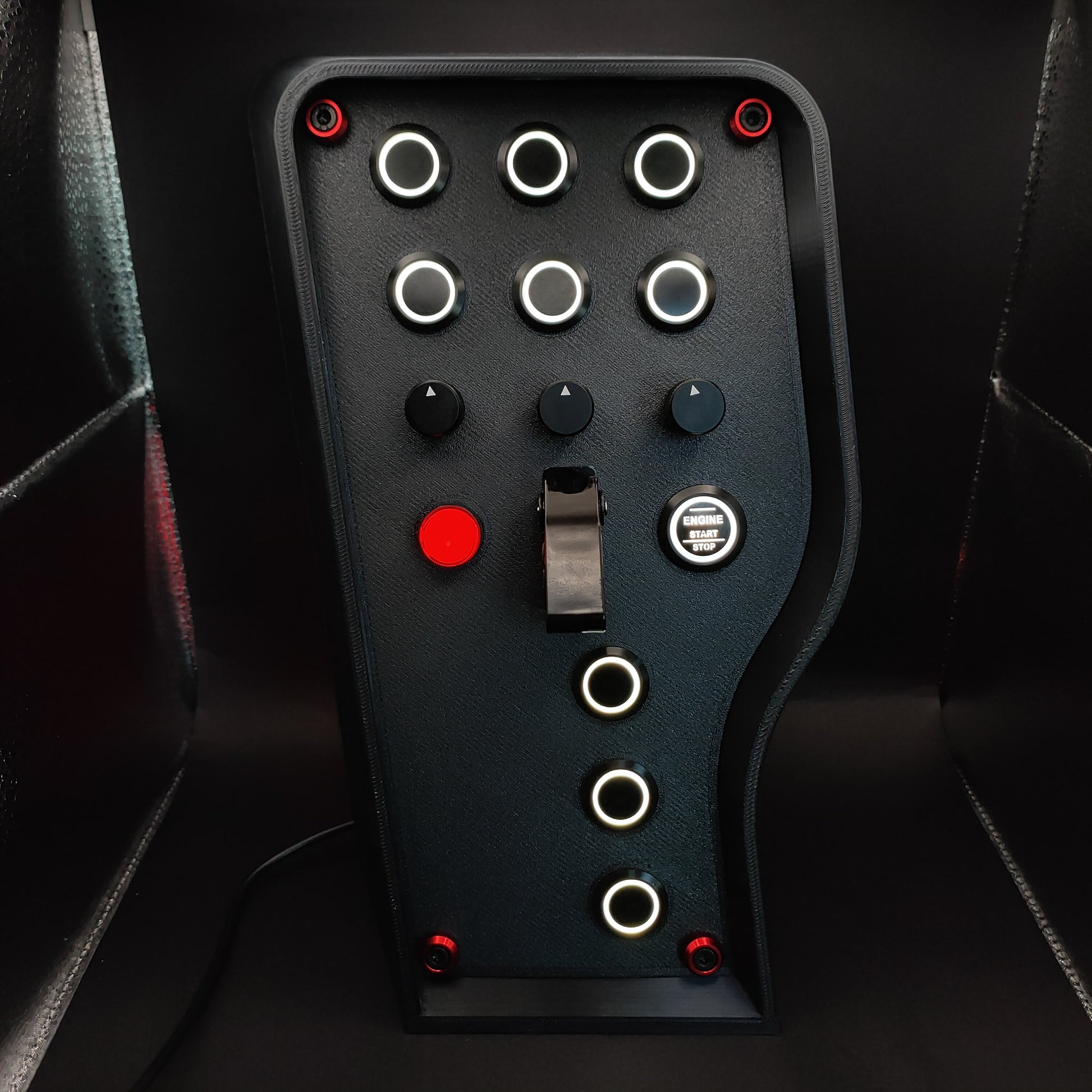 Stealth Red Edition sim button box with matte panel, red corner trim, and white LEDs.