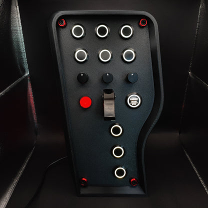 Stealth Red Edition sim button box with matte panel, red corner trim, and white LEDs.